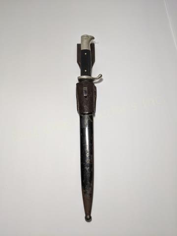 German WW2 K98 Model Bayonet With Frog Klass: Overall 16". Blade marked "Robert Klass Solingen". Blade clean but with polish and use marks. Frog present and slightly distressed.