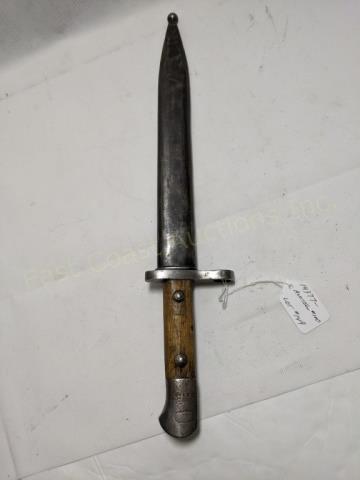 WW2 Vintage Bayonet: With scabbard. 15.5" overall. Handle marked "AS FA", and numbered "232549".