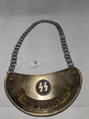 **WWII German SS Streifendienst Gorget Marked: SS "Patrol" Gorget 8.5" wide, 3 15/16" tall. On chain. Center clip on reverse with "36/39", and "OLC" in a diamond; other marks.