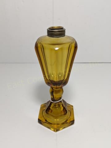 Antique Amber Glass Whale (?) Oil Lamp 9": The 6 panel glass light standing 8.75" tall.