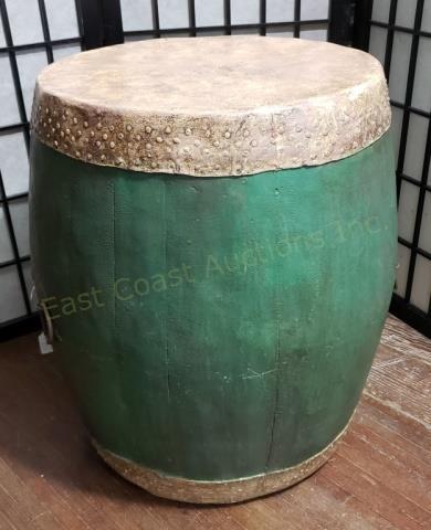 A Decorator Drum Table Green Painted: With 4 decorative metal rings. 18" diameter, 21.5" tall.