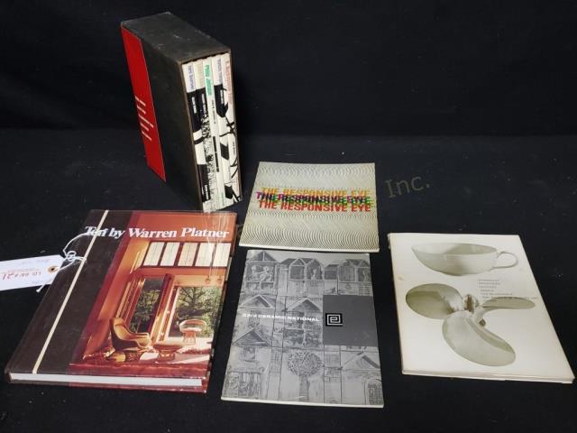 20th C Design Book Lot Architecture, Pottery More: Including 23rd National Ceramic Exhibition Canada (1964), 20th C Design MMA 1959, The Responsive Eye MMA 1965, "Ten by Warren Platner", hardcover 1965, Boxed set of 5 books "Makers of Contemporary Arc