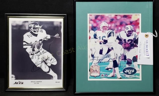 **Joe Namath, Vinny Testaverde & Harper Autographs: A certified Joe Namath & Vinny Testaverde "30 Years" Of Jets Tradition" autographed print, sight 9 1/2" X 7 1/2" and frame 14 1/4" X 12 1/4". The certification is only basic, was purchased at Joe Nama