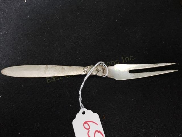 *Vintage George Jensen Sterling Silver Cactus Fork: Fork 7.75". Marked on reverse "Georg / Jensen" in mark with dots, and "Sterling / Denmark". Cactus pattern. No mono or mono removal. Two prong serving fork, 1.77 Oz. Troy.