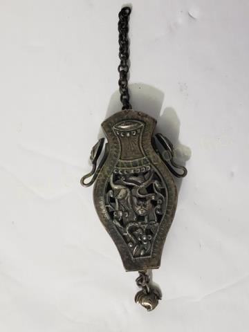 *Antique Chinese Silver Urn Vase Form Needle Case: Vase is 2.75" x 1 3/8". With bird in relief on one side, animal on the reverse. Interior pulls out for needle (?) storage.