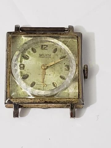 Vintage Gruen Mens Wrist Watch As Found: Gruen Precision, "17 Jewels", sub second hand. Case with some corrosion. Movement clean, 17J movement, "N510R". Movement moves, hands do not move.