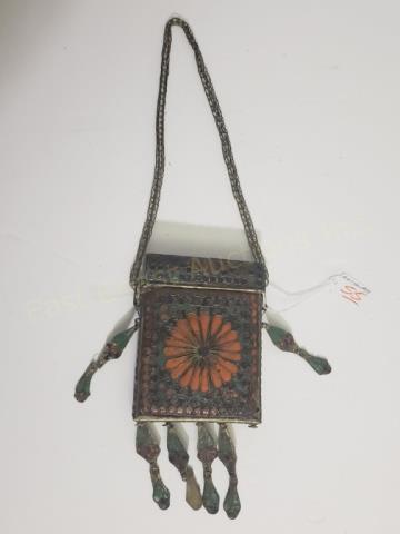 Middle Eastern Metal Enameled "Purse": Blue, green and orange enameled "purse". The object does not open. The object is appx. 6.5" x 4.5", and is on a chain.