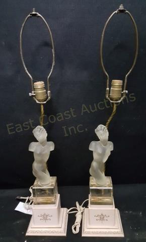 A Pair of Venus De Milo Frosted Glass Lamps: Glass figures mounted as lamps. Each glass figure appx. 11.5" tall. Apparently unsigned although they do look like Lalique (?). No damage to figures.