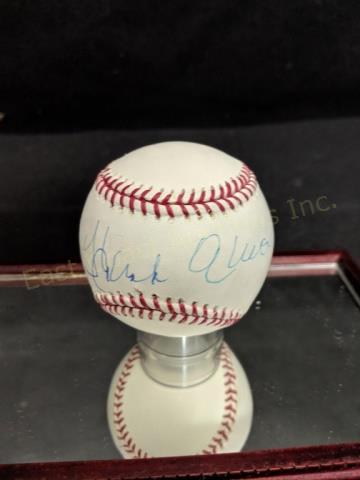**Hank Aaron Autographed MLB Ball Steiner COA: The original Home Run King Henry "Hank" Aaron autographed official Rawlings MLB baseball. With Steiner COA hard plastic card, sticker and high quality triple glass and wood ball display.