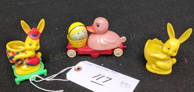 Lot of Vintage Plastic Easter Duck & Rabbit Toys: Duck, 5", unmarked (with rattle), yellow rabbit "Happy Easter" 4", yellow & red rabit on green base, 4", unmarked.