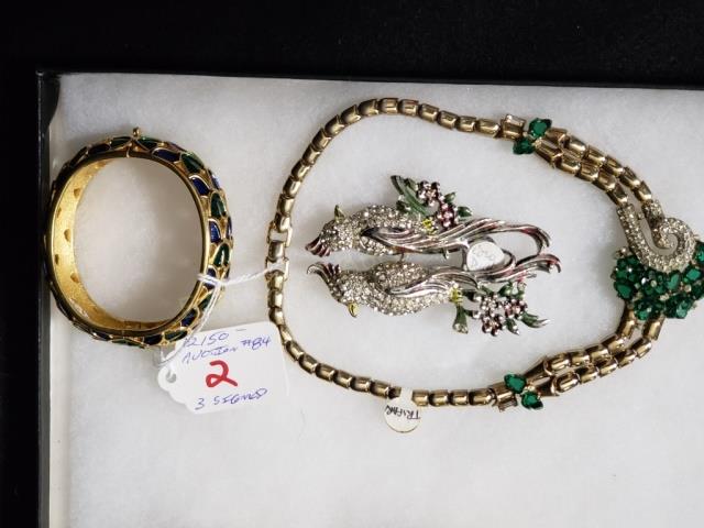 **Signed Costume Jewelry Lot- 3 pcs.: Boucher enamel bracelet, Trifari Necklace, Coro Duette "birds" pin.