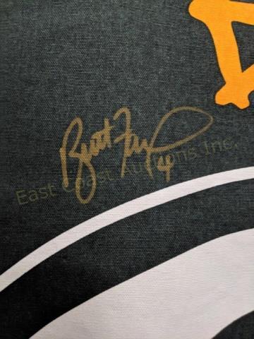 G.B. Packers Flag Signed: Farve, Starr, White & ..: A green and yellow Green Bay Packers banner / flag, signed by Cheese Head legends Brett Farve, Reggie White , Paul Hornung HOF '86, Bart Starr & Jim Taylor "31" HOF 1976. 27 1/2" X 42 1/2"