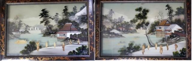 A pair of unusual Chinese Shadow Box Frames: Unusual Chinese shadow box frames with painted glass and photographic foreground, painted background. The frames with Chinese lacquer work decoration. Overall, 18.75" x 27" wide. Sight size, 15.25" x 