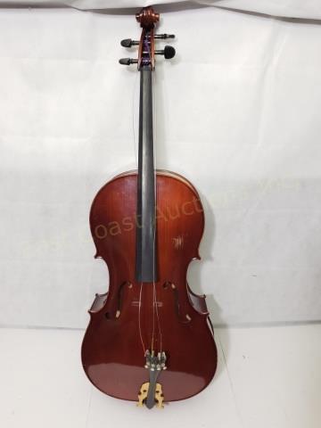 Scherl & Roth 4/4 Cello With Cello Gig Case: Scherl & Roth Cello (wooden bridge needs to be reset, wear spot on front above F holes). Label reads "Model R506E4", "Serial #7229496", "4/4" (size), "Antonius Stradivarius Design", "Made in Germany",