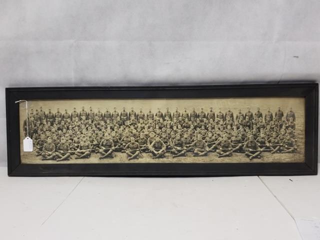 Yard Long WW1 Photo 317th Infantry France Framed: A yard long photo of a WW1 Infantry division. Framed dimensions are 36" x 10.5". Marked "H. Co. 317th Infantry" at center. Each soldier with an ID number on his cap (no identification key, unfortunate