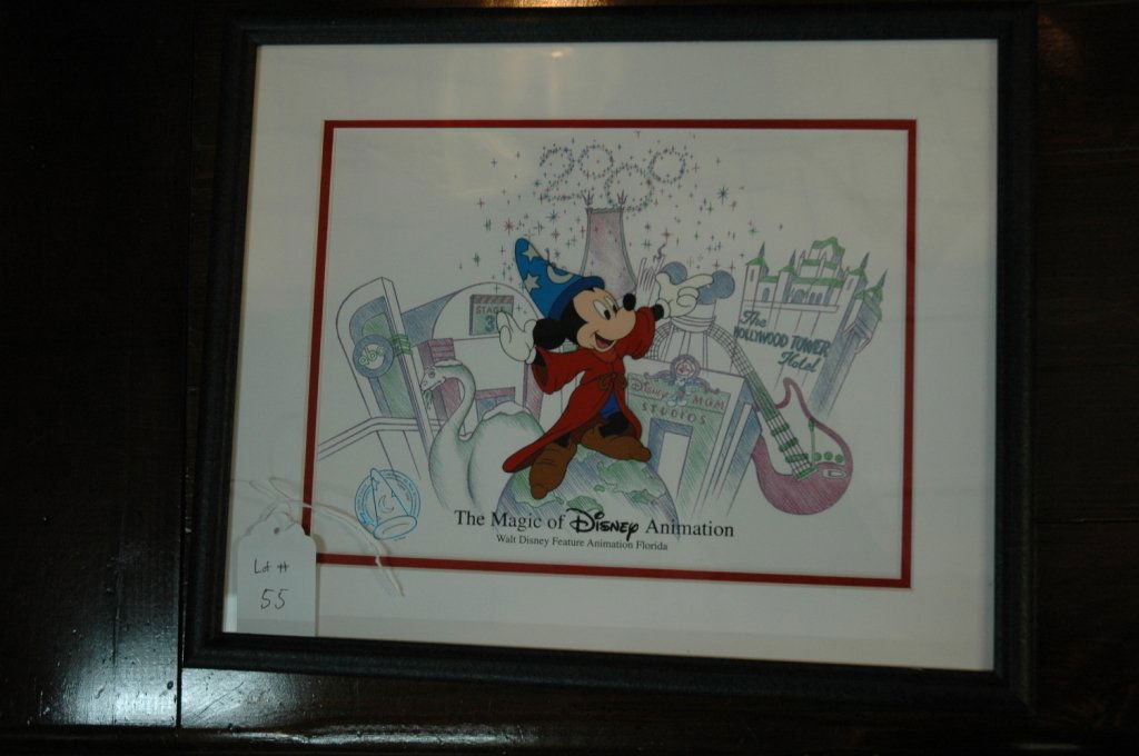 Fantasia Mickey Sorcerer cel Signature: Fantasia Mickey Sorcerer with 2000 Florida Disney park background cel Disney MGM Studios Animation Gallery card Signed by David E Rippberger