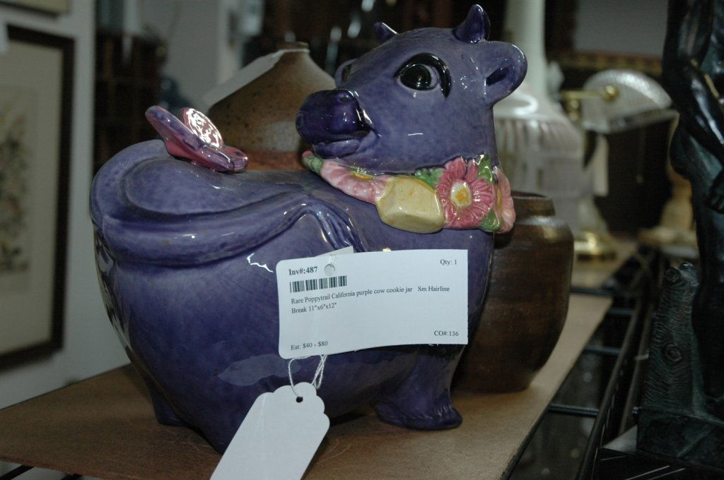 Rare Poppytrail California purple cow cookie jar: Sm Hairline Break 11"x6"x12"