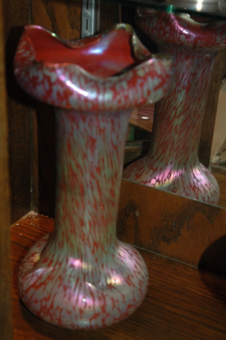 Loetz tall vase: A red & rainbow gold Loetz vase with typical oil on water iridescence. 13x7 at the widest points