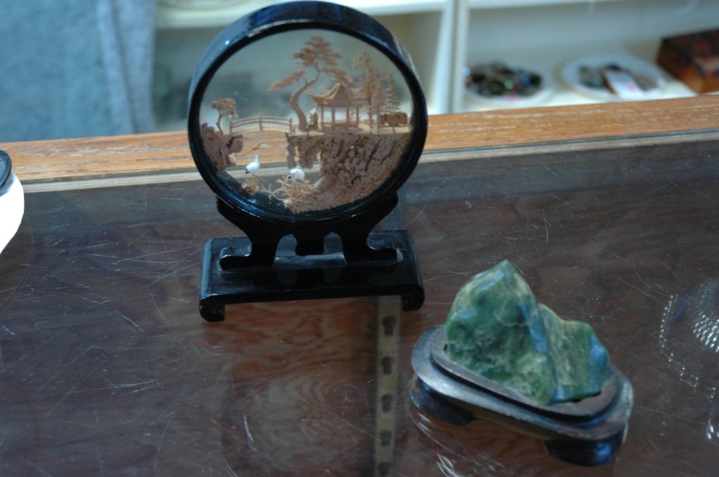 Chinese carved cork diorama and Jade Scholars rock: Antique Chinese carved cork in glass circular frame 4.5" Chinese Jade scholars rock 4x2.5