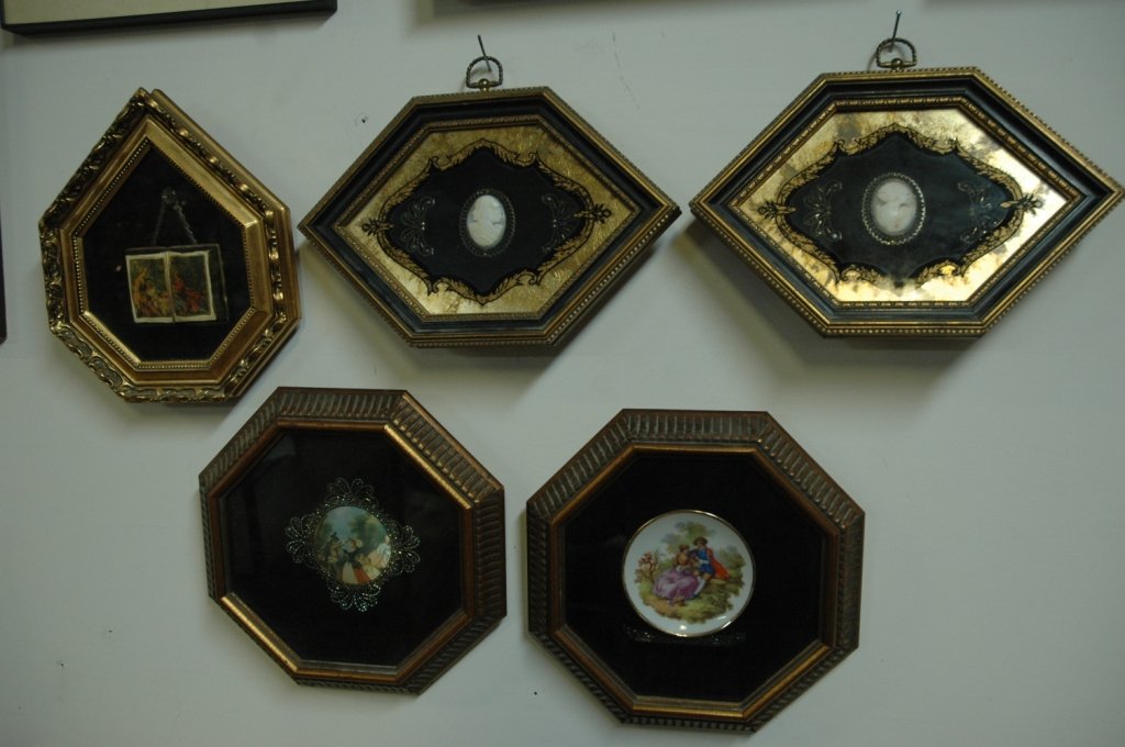 Early twentieth century shadow box collection: Fragonard Germany Porcelain plate 3" Victorian Silk panting with Victorian bead work 2 Cameos with Victorian bead work Painting on open book with Victorian bead work
