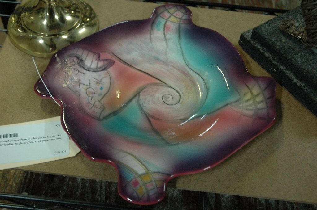 Signed Harris-Cies Hand painted ceramic plate ++++: Harris- cies 1992 Hand painted plate purple in color, 11x4 green vase, 8x6 porcelain dish
