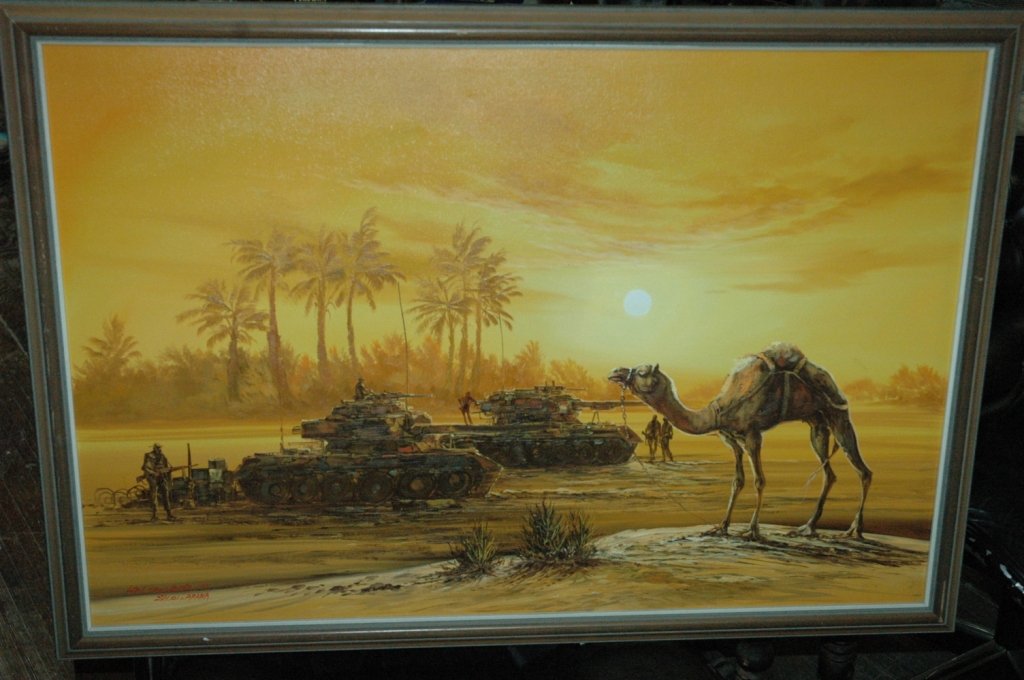 Signed Painting on canvas: 39x28 Framed and signed Painting done by a U.S. solider in Saudi Arabia