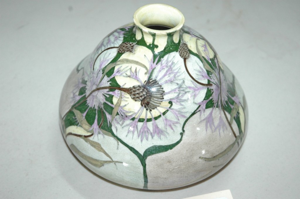 Faience Pottery vase: Floral decorated pottery vase 5" x 6.5" , signed on bottom