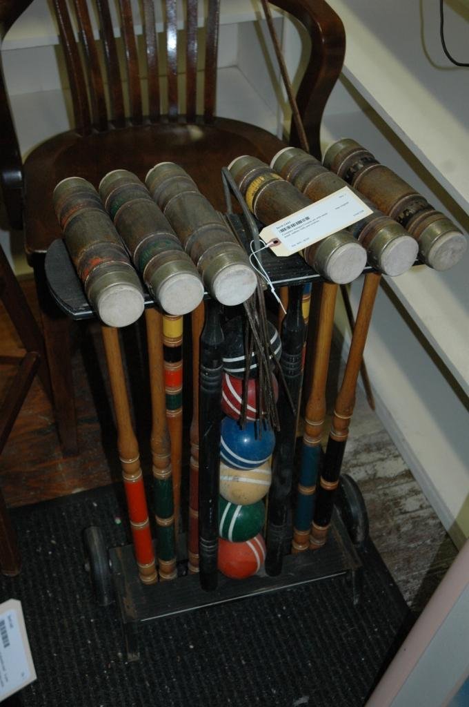 Complete Antique Croquet set with stand: Has original: stand, mallets, balls and wickets.