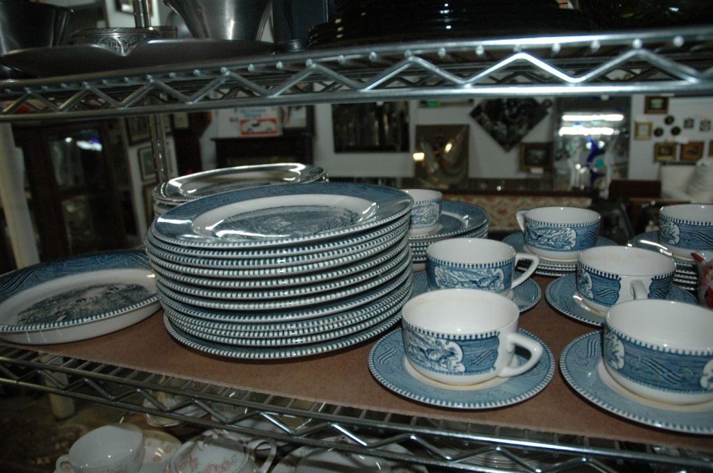 Currier & Ives Blue and white pattern dishes: Blue and white patterned dish set Dinner dishes, bowls and dessert dishes. The patterns are15 "The Old Grist Mill", 8 "Lord Water in the Mississippi", 4"Harvest", and 5 "Early Winter".