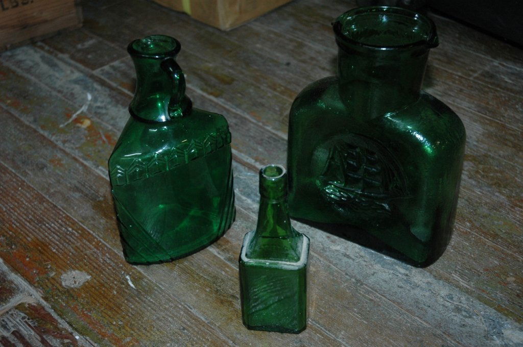 Green Blenko pitcher / Blob/top Bitters/ and....: Blenko Glass has been hand-blowing glass since 1893 in Milton, West Virginia. They are an American institution and their attention to detail and design is obvious. Blob top vintage green bitters bottl