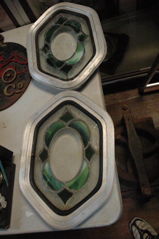 Vintage Hexagon Stained glass portholes windows: Porthole windows pulled from either a tailor or a boat. Original glass , outer exterior is a clear leaf and swirl design. With the inner layer a stunning marble green pattern and the center a clear be