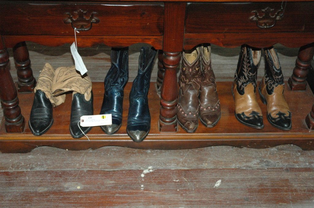 4 Pairs of CowGirl Boots: Three say size eight. One is a blue with metal tips, Two tone, tri tone, and one ligh colored two tone.