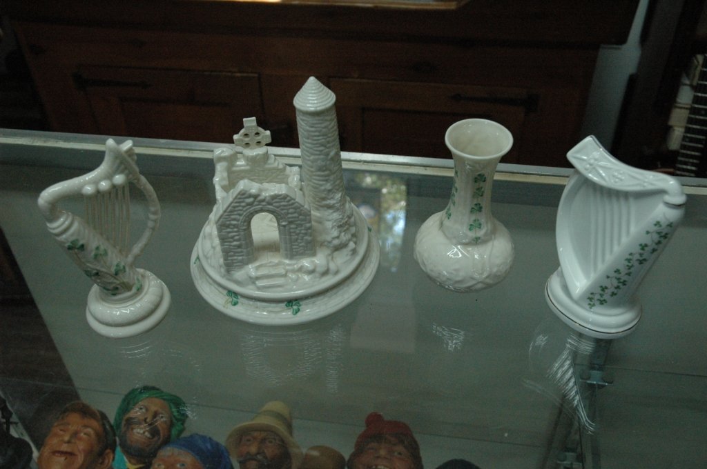 Belleek Parian China and Royal Tara collection: small vase 5.25" tall small harp measures 6.25" high old stone church with Royal Tara fine bone china hand made in Galway, Ireland, and 3 Belleek shamrock bread and butter plates