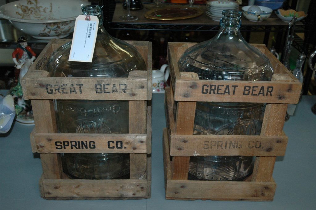 2 Great Bear Spring Co. water jugs with crate: still in original wooden crate In great condition! Jugs stand 20" tall inside crate.