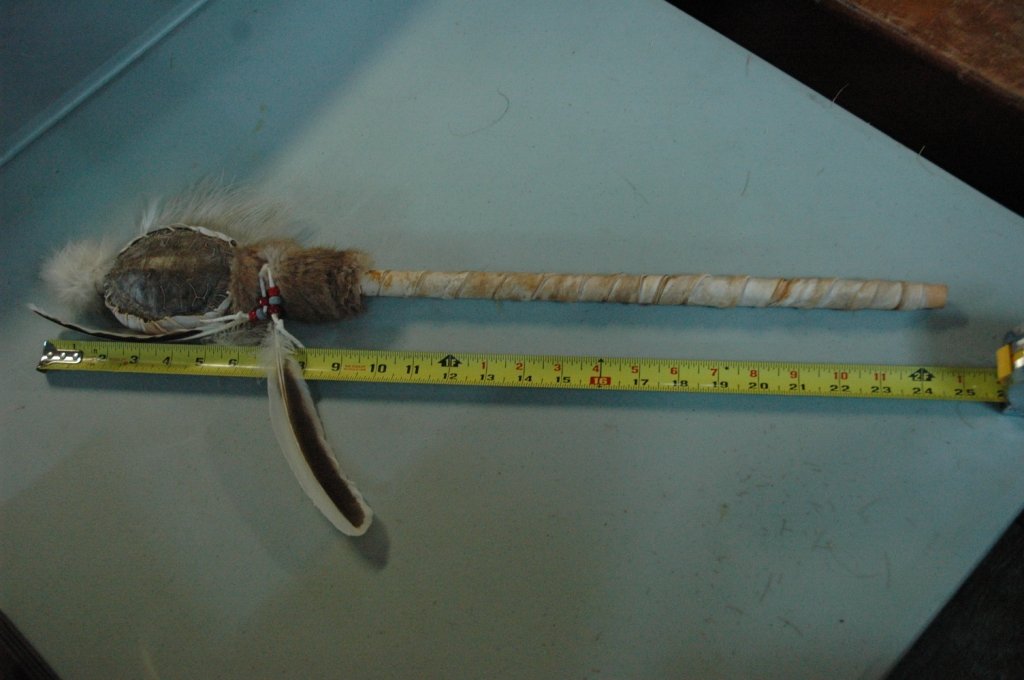 American Indian Shaman Rattle: Re-pro Turtle shell & Feather rattle approx. 25" overall