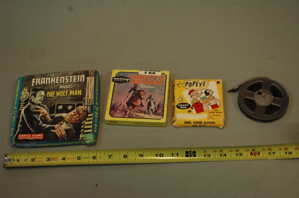 Vintage 8MM Film lot: Frankenstein meets the Wolfman , " Charge of the light Brigade " , " Popeye " , and another mystery reel.
