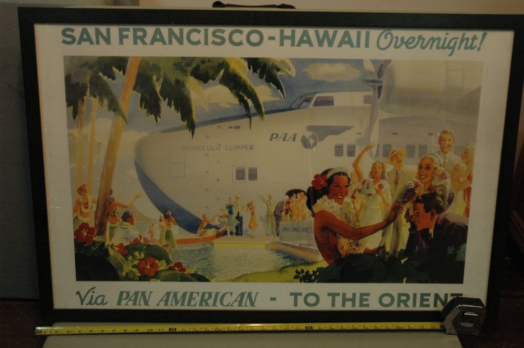 Pan Air advertising poster San Fran to Hawaii: Site is 38 5/8" X 24 5/8" framed under glass . 1938 Frank Macintosh