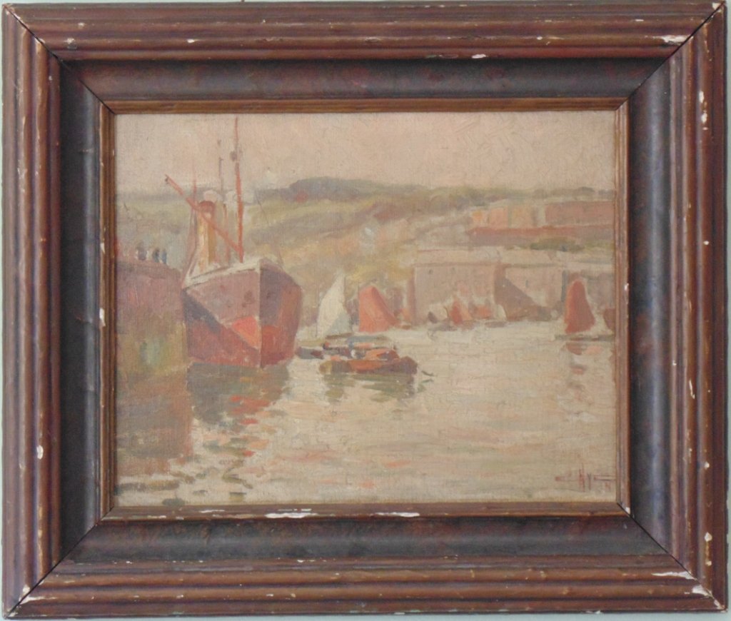 Edgar Hewitt Nye (1879-1943) Harbor Scene (1914): Oil on board 11"x14" framed 19.75"x16.5"Condition: Surface grime, frame wear