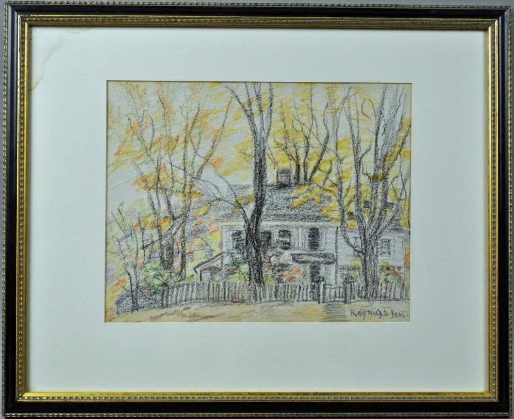 Reynolds Beal "House and Trees in New England": Reynolds Beal (1866-1951)House and Trees in New England Crayon on paper10"x13" framed 18"x22"