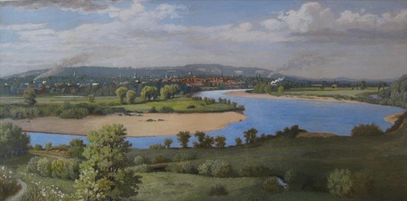 American School (early 20th century) Hudson River: American School (early 20th century)Hudson River School Landscape11"x22" framed 21"x32"Gouache and watercolor on boardNotes: this painting depicts an early American townscape, possibly early Philadelp