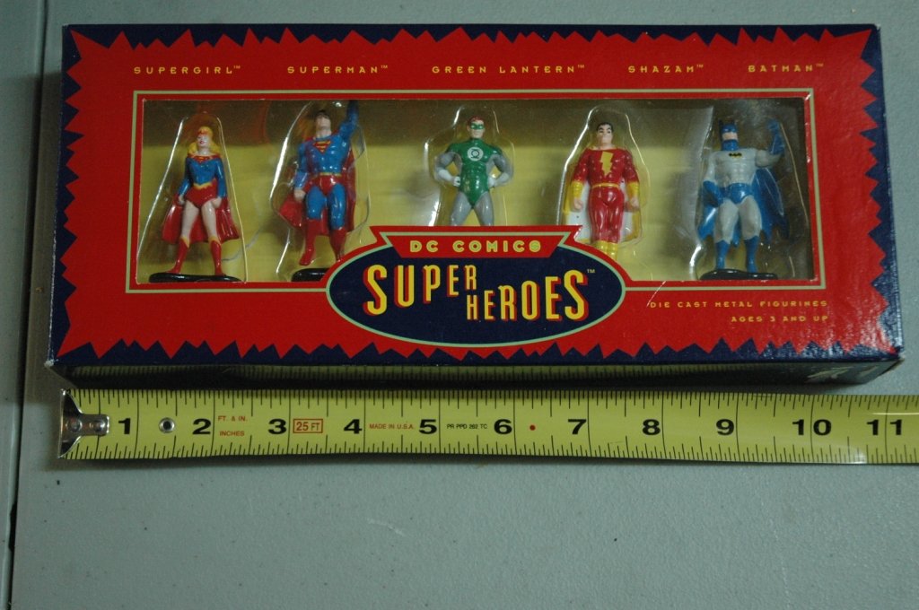 DC Comic super heroes Die Cast Metal Figurines: Super Girl, Superman, Green Lantern, Shazam, and Batman. In their original box.