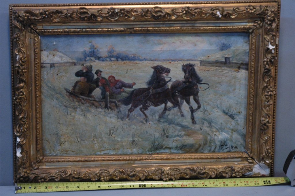 A Bühm 19th C German Oil on Canvas Painting: 19th C. Oil on canvas signed "A Bühm", two horses pulling a sled through a snowy field, 12.5" x 21" canvas size, with an as found gilt frame.