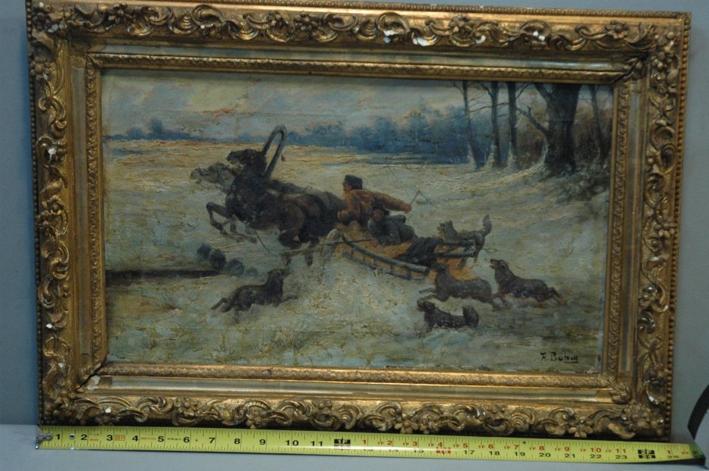 A Bühm 19th C German Oil on Canvas Painting: A Bühm oil painting, 12.5" x 21", 2 horses pulling a sled, two people in sled, 5 dogs running with sled, in as is gilt frame.