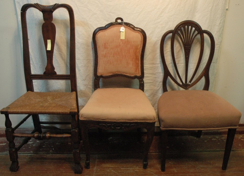 Chair Lot- 3 chairs: A rush seat chair with Spanish feet, a Hepplewhite style arch back chair, and a carved walnut chair with pink upholstery.