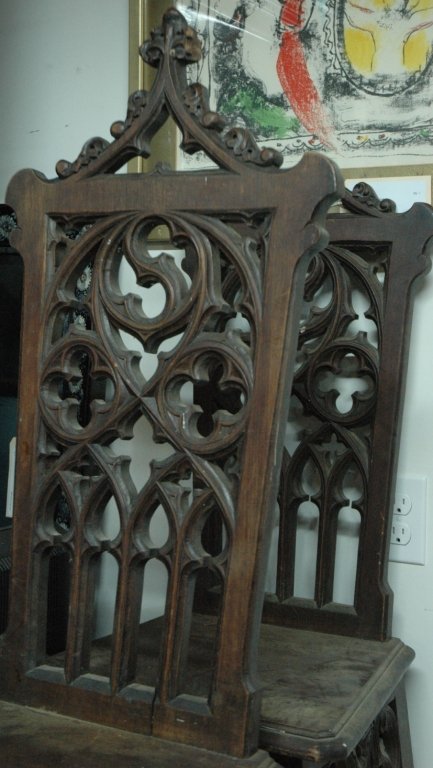 A Pair of Gothic chairs: A pair of antique Gothic chairs, one as found, the pieces are mostly present. 46.25" tall overall, 19" to the seat.