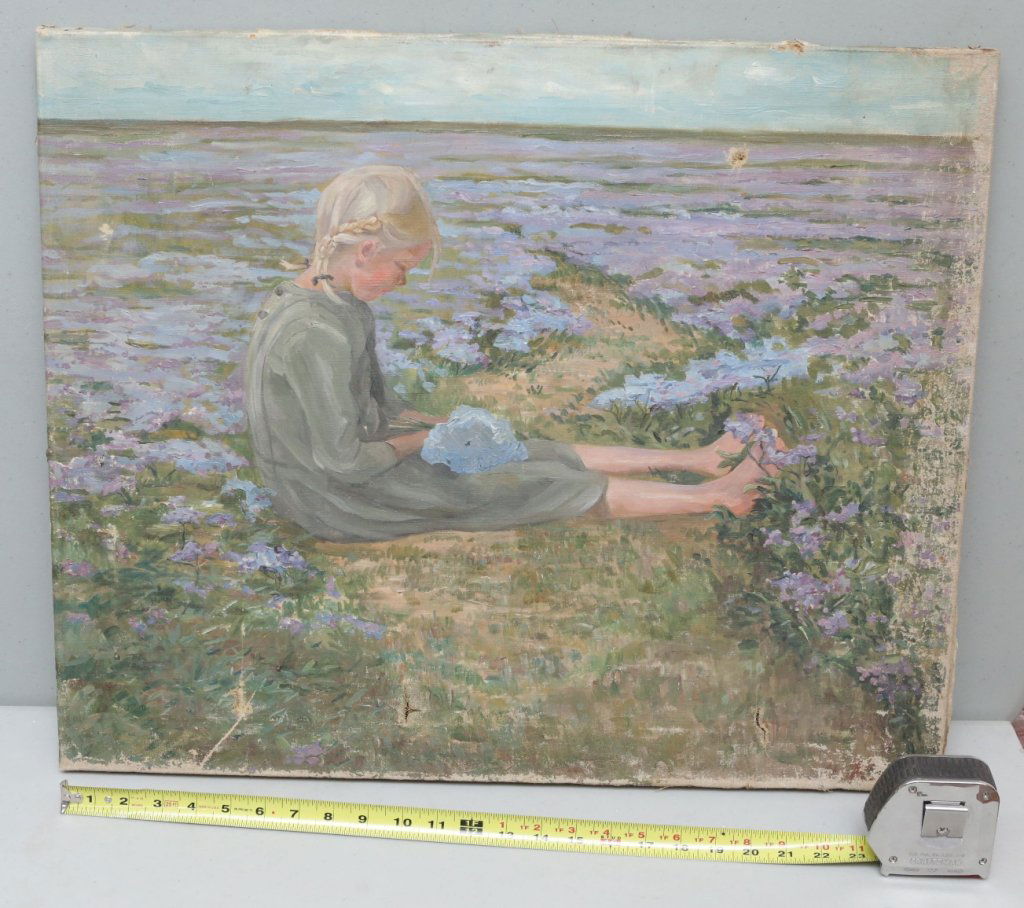 Oil on Canvas painting, Young Girl & Flowers: A well painted oil on canvas of a young blond girl picking purple flowers. Unframed, as found. Signed illegibly verso and on bottom stretcher. Appx. 21.75" x 26.5". A sleeper?