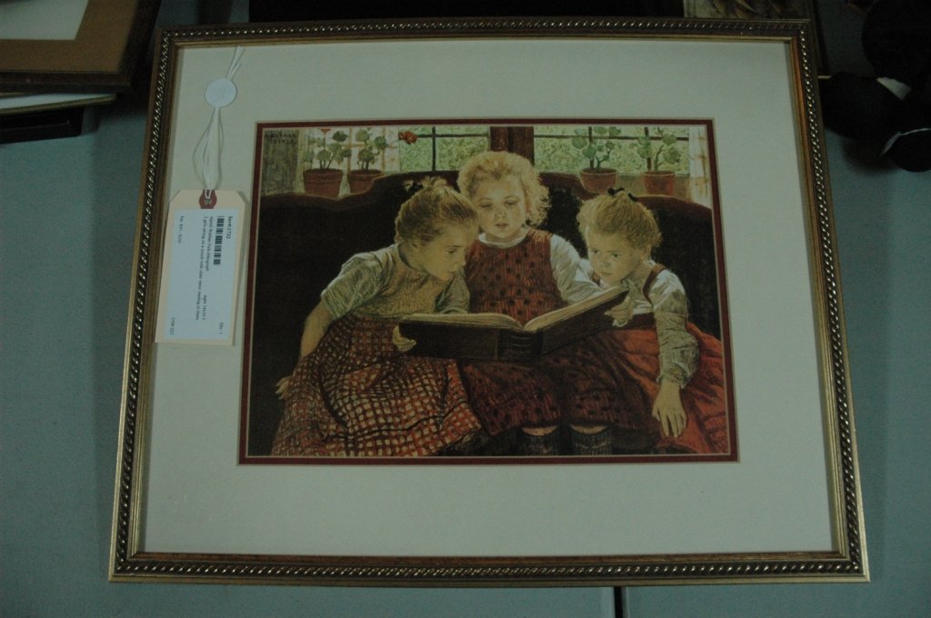 signed Walther Firle lithograph: sight 14x10.5 2 girls sitting on a couch with older sister reading to them