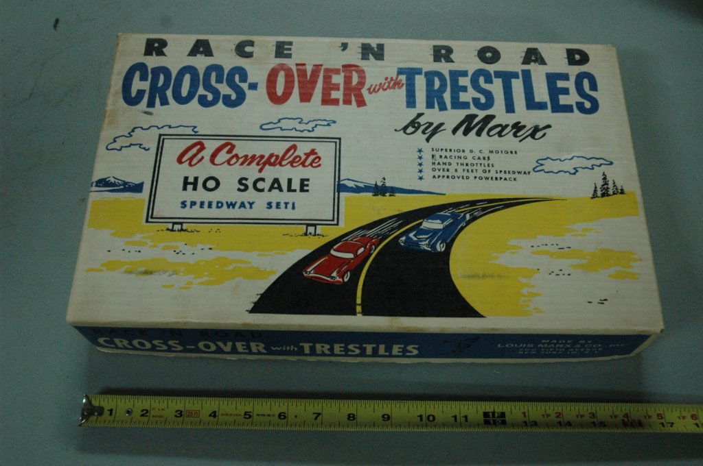 Marx vintage "Race 'N Road" set: Vintage Marx Race 'N Road set, "Cross Over with Trestles", HO scale, in original box.