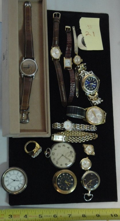 Time piece collection including antique Lanco: (16 piece)Sterling silver Lanco Extra pocket watch, A Waterford Crystal clock face, The Frederic Remington Museum watch9 in the box) Stering and leather, Nevels ( watch face ), Andre' Bouchard wrist w