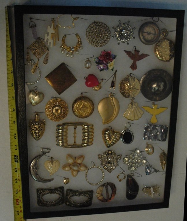 Pendants, Charms, Lockets, pins, and Pieces....: Crown Staffordshire sterling hand painted pin, Made in Germany compass, shell jewelry, gold & silver tone and more.....